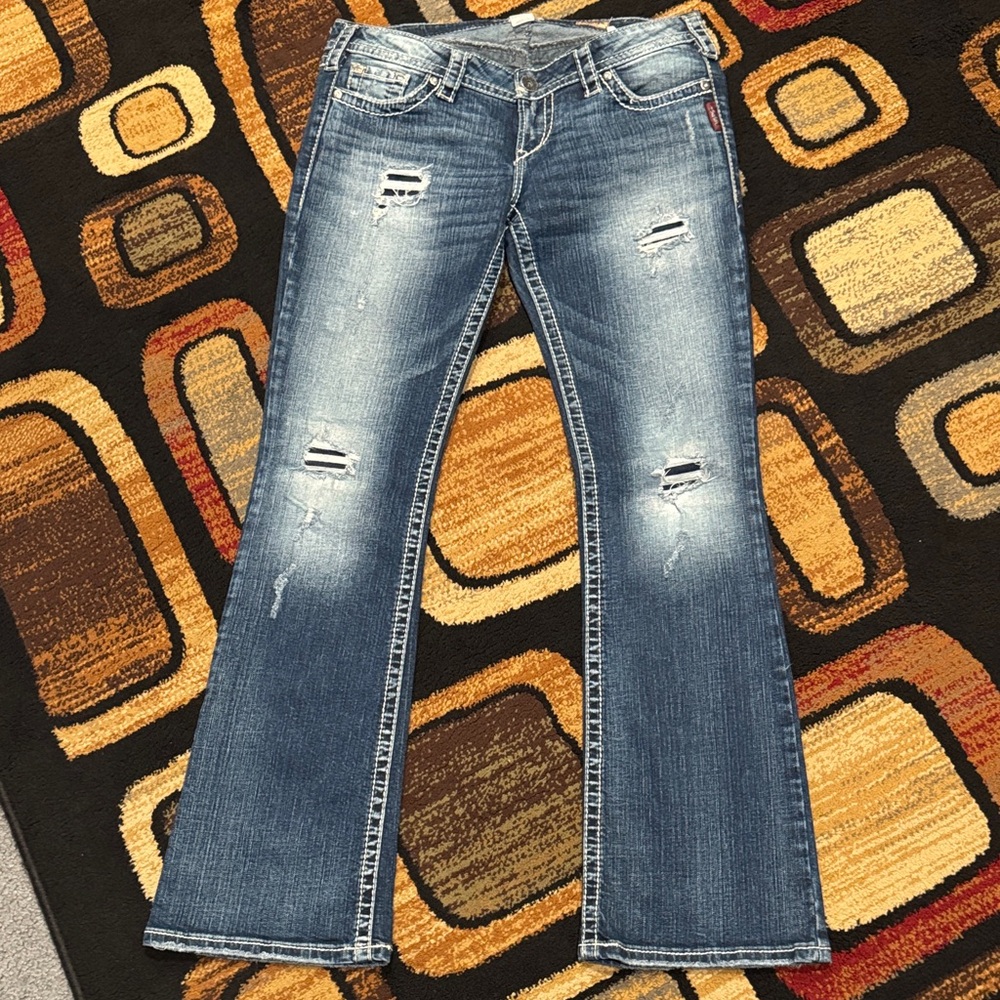 Silver Jeans Blue Distressed Wide Leg Jeans